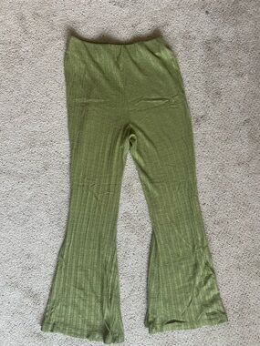 Olive Green Ribbed Knit Flared Bottoms